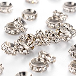 Honeyhandy Brass Rhinestone Spacer Beads, Grade A, Rondelle, Platinum Metal Color, Crystal, 7x3.3mm, Hole: 3.5mm