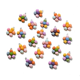 Honeyhandy Opaque Resin Pendants, 5-Petal Flower Charm, with Platinum Tone Iron Loops, Mixed Color, 24.5x21.5x7.5mm, Hole: 1.8mm