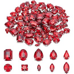 CHGCRAFT 100pcs 10 Sizes Sew on Rhinestone Glass Faceted Rhinestone Garments Accessories Rhinestone with Stainless Steel Settings Mixed Shapes Light Siam