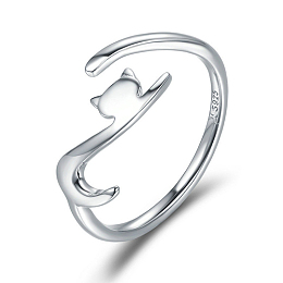 Honeyhandy 925 Sterling Silver Cuff Finger Rings, Adjustable,  Cat, Carved with 925, Real Platinum Plated, 2mm