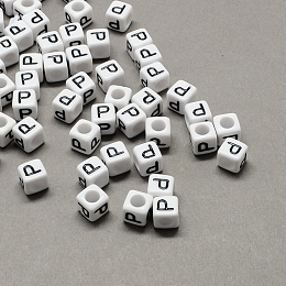 Honeyhandy Large Hole Acrylic Letter European Beads, Horizontal Hole, White & Black, Cube with Letter.P, 6x6x6mm, Hole: 4mm, about 2950pcs/500g