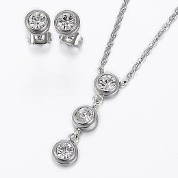 Honeyhandy 304 Stainless Steel Jewelry Sets, Stud Earrings and Pendant Necklaces, with Rhinestone, Flat Round, Stainless Steel Color, 17.72 inch(45cm), 6x3mm, Pin: 0.8mm