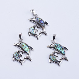 Honeyhandy Abalone Shell/Paua Shell Pendants, with Platinum Tone Brass Bail, Dolphin, 35x28x3.5mm, Hole: 5x8mm