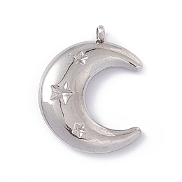 Honeyhandy 304 Stainless Steel Pendants, Double Horn/Crescent Moon with Star, Stainless Steel Color, 22.5x17.5x4mm, Hole: 1.5mm