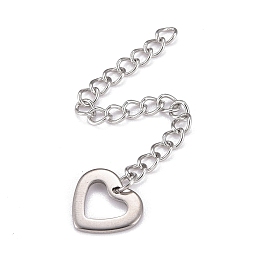 Honeyhandy 304 Stainless Steel Chain Extender, Curb Chain, with 202 Stainless Steel Charms, Hollow Heart, Stainless Steel Color, 59~62mm, Link: 3.7x3x0.5mm, Heart: 9.5x11x1mm