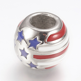 Honeyhandy 316 Surgical Stainless Steel Enamel European Beads, Large Hole Beads, Round with American Flag, Stainless Steel Color, 12x11mm, Hole: 5.5mm