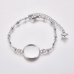 Honeyhandy 304 Stainless Steel Bracelet Making, with Lobster Claw Clasps and Flat Round Cabochon Settings, Stainless Steel Color, Tray: 16mm, 6-1/4 inch(15.8cm)