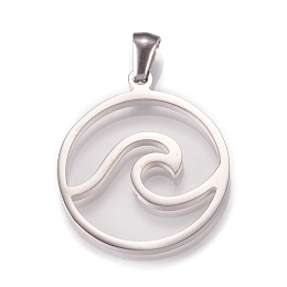 Honeyhandy 304 Stainless Steel Pendants, Laser Cut, Flat Round with Wave, Stainless Steel Color, 27.5x24x2mm, Hole: 7x4mm