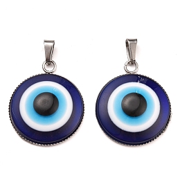 Honeyhandy Handmade Evil Eye Lampwork Pendants, with 304 Stainless Steel Serrated Edge Bezel Cups, Half Round, Stainless Steel Color, 31x26x7mm, Hole: 7x3mm