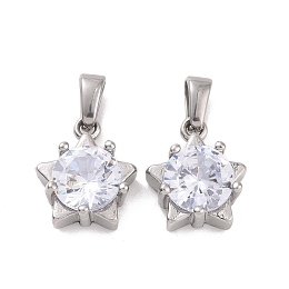 Honeyhandy Cubic Zirconia Charms, with 304 Stainless Steel Findings, Star, Clear, Stainless Steel Color, 14x12x5.5mm, Hole: 5x3mm