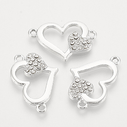 Honeyhandy Alloy Rhinestone Links connectors, Heart, Platinum, 16.5x25x3mm, Hole: 1.8mm