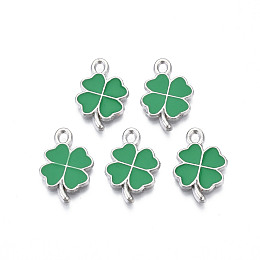 Honeyhandy Rack Plating Alloy Enamel Pendants, Cadmium Free & Nickel Free & Lead Free, Clover, Platinum, Green, 19x13x1.5mm, Hole: 1.6mm