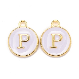 Honeyhandy Golden Plated Alloy Charms, Cadmium Free & Lead Free, with Enamel, Enamelled Sequins, Flat Round with Letter, White, Letter.P, 14x12x2mm, Hole: 1.5mm