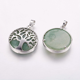 Honeyhandy Natural Green Aventurine Pendants, with Brass Findings, Platinum, Flat Round with Tree of Life, 31x27x6.5~7mm, Hole: 5x8mm