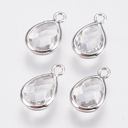 Honeyhandy Glass Charms, with Brass Findings, Faceted Teardrop, Clear, Nickel Free, Real Platinum Plated, 12x7x3mm, Hole: 1.2mm