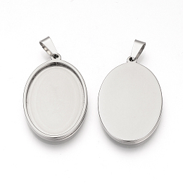 Honeyhandy 201 Stainless Steel Pendant Cabochon Settings, Oval, Stainless Steel Color, Tray: 39.5x30mm, 45x32.5x2mm, Hole: 8x4mm