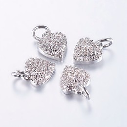 Honeyhandy Long-Lasting Plated Brass Micro Pave Cubic Zirconia Charms, Heart, Real Platinum Plated, 9x8x3mm, Hole: 3mm