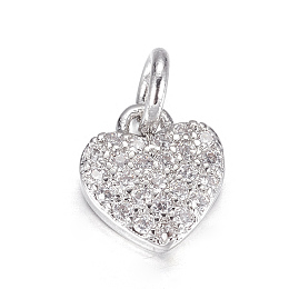 Honeyhandy Brass Micro Pave Cubic Zirconia Charms, Heart, Clear, Platinum, 9x8x2mm, Hole: 3mm