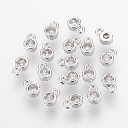 Honeyhandy Brass Cubic Zirconia Charms, Flat Round, Platinum, 6x4x2mm, Hole: 1mm