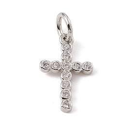 Honeyhandy Brass Micro Pave Cubic Zirconia Charms, with Jump Rings, Religion Cross Charms, Platinum, 14x9x1.5mm, Hole: 3.4mm