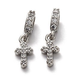 Honeyhandy Brass Micro Pave Cubic Zirconia European Dangle Charms, Large Hole Pendants, Long-Lasting Plated, Cross, Platinum, 20mm, Cross: 12x6x2mm, Hole: 5x3mm