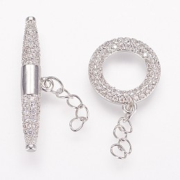 Honeyhandy Brass Micro Pave Cubic Zirconia Ring Toggle Clasps, Platinum, Ring: 15x13x2mm, Bar: 6x27x4mm.