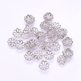 Honeyhandy Long-Lasting Plated Brass Fancy Bead Caps, Multi-Petal, Real Platinum Plated, Flower, 8x1mm, Hole: 1mm