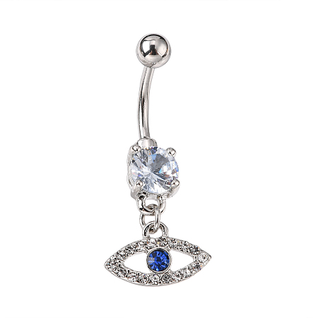 Honeyhandy Evil Eye Drop Belly Button Rings for Women, 316 Surgical Stainless Steel Rhinestone Navel Rings, Belly Piercing Jewelry, Light Sapphire, Platinum, 36mm, Bar Length: 1/2