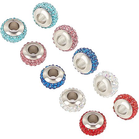 Unicraftale 10Pcs 5 Colors Rondelle 304 Stainless Steel Polymer Clay Rhinestone European Beads, Large Hole Beads, with Double Side Platinum Color Core, Mixed Color, 10x6mm, Hole: 4mm, 2pcs/color