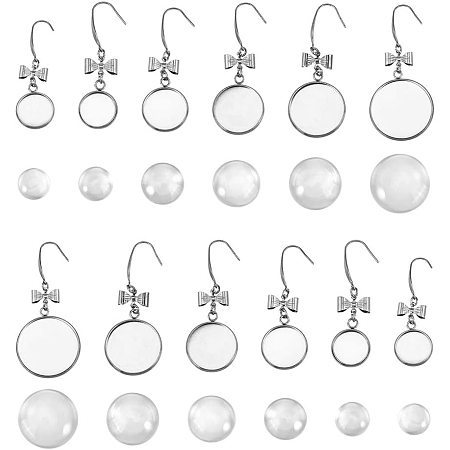 PandaHall DIY Earring Making Kits, 24pcs 6 Sizes Earring Hooks with Blank Pendant Trays and 24pcs Clear Glass Cabochons for Earring Jewelry Making, 12/14/16/18/20/25mm, Stainless Steel
