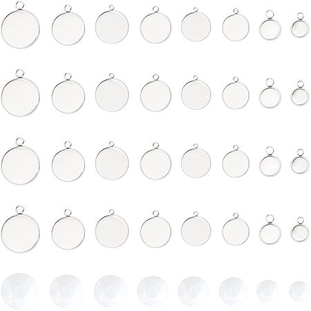 UNICRAFTALE About 48 Sets 8 Sizes 6-30mm Flat Round Trays Stainless Steel Pendant Cabochon Setting with Transparent Glass Cabochons Settings for Jewelry Making DIY Findings Stainless Steel Color