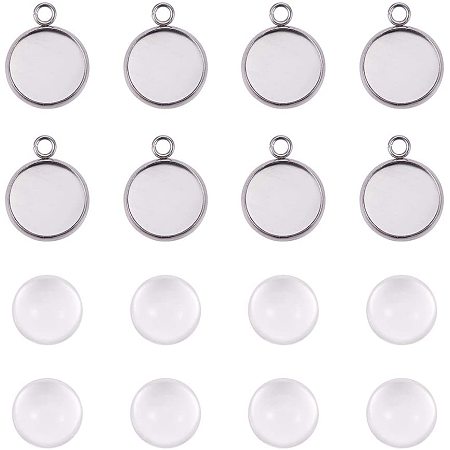 UNICRAFTALE 10 Sets Pendant Cabochon Jewelry Sets, 12mm Stainless Steel Pendant with Clear Glass Cabochon, Flat Round Pendant Setting for DIY Pendant Necklace Making, Hole 2mm