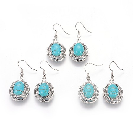 Honeyhandy Synthetic Turquoise Dangle Earrings, with Platinum Plated Brass Findings, Oval, 42mm, Pendant: 25x18mm, Pin: 0.5mm