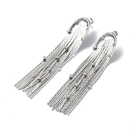 Clear Cubic Zirconia Dangle Stued Earrings, Brass Chain Tassel Long Drop Earrings for Women, Platinum, 70~72x15mm, Pin: 0.8mm