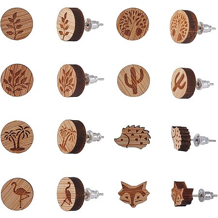SUNNYCLUE 8 Pairs Wooden Stud Earring Set Natural Wood Charms Bulk Flat Round Tree of Life Leaf Cactus Fox Hedgehog Flamingo for Women DIY Jewelry Making Kit Findings Crafts Supplies Accessories,12mm