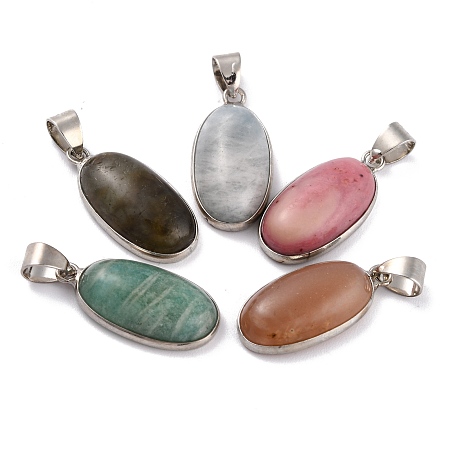 ARRICRAFT Natural Mixed Gemstone Pendants, with Platinum Brass Findings, Oval, 24x12x6mm, Hole: 5.5x4mm