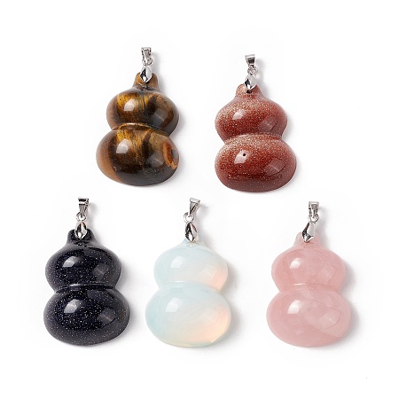 Natural & Synthetic Gemstone Pendants, with Platinum Tone Brass Findings, Gourd Charm, 35x25x12mm, Hole: 4x4mm