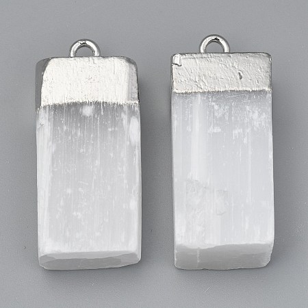 Honeyhandy Natural Selenite Pendant, with  Iron Loops, Rectangle, Platinum, 34~35.5x14.5~17x9~10mm, Hole: 2.5mm