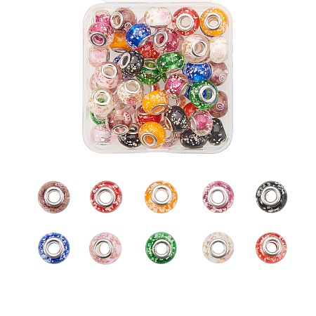 ARRICRAFT Handmade Lampwork European Beads, Large Hole Beads, with Platinum Tone Brass Double Cores, Rondelle, Mixed Color, 50pcs/box