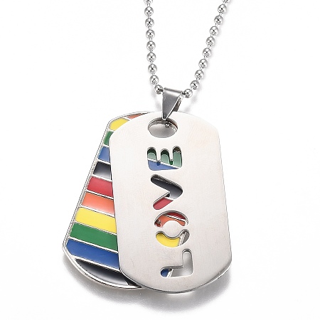 Honeyhandy Rainbow Alloy Pride Double Pendant Necklaces, with 304 Stainless Steel Ball Chains and Epoxy, Oval with Word Love, Colorful, Stainless Steel Color, 23.82 inch(60.5cm)