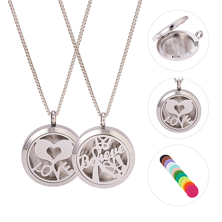 BENECREAT 2PCS Aromatherapy Essential Oil Diffuser Necklace World Theme Stainless Steel Locket Pendant with 24
