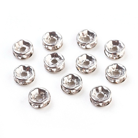 Honeyhandy Brass Rhinestone Spacer Beads, Grade A, Straight Flange, Platinum Metal Color, Rondelle, Crystal, 6x3mm, Hole: 1mm