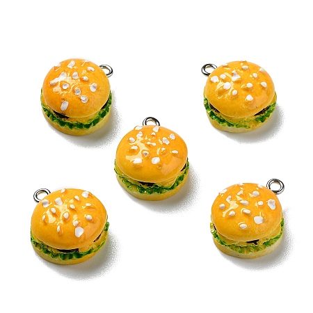Opaque Resin Pendants, with Platinum Tone Iron Loops, Imitation Food, Hamburger, Gold, 12x11x11mm, Hole: 2mm