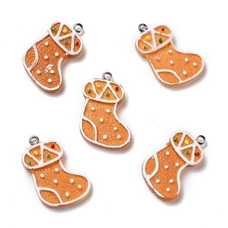 Opaque Resin Pendants, with Platinum Tone Iron Loops, Imitation Gingerbread, Christmas Sock, Sandy Brown, 30x20x4mm, Hole: 2mm