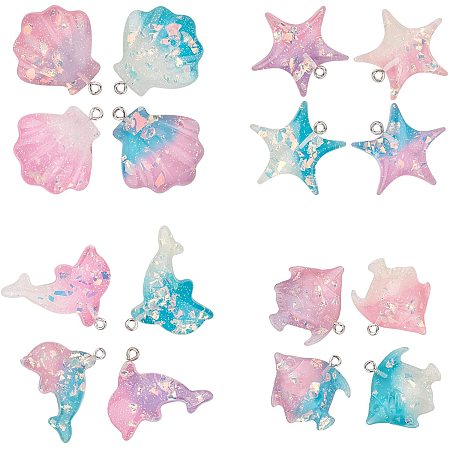 SUNNYCLUE 4 Styles Colorful Resin Charms Ocean Animal Dolphin Shell Starfish Fish Shape Flatback Transparent Pendants with Loop Shinny Glitter for Jewelry DIY Making Bracelets Supplies