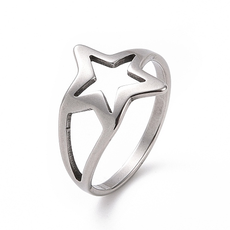 Honeyhandy 201 Stainless Steel Star Finger Ring, Hollow Wide Ring for Women, Stainless Steel Color, US Size 6 1/2(16.9mm)