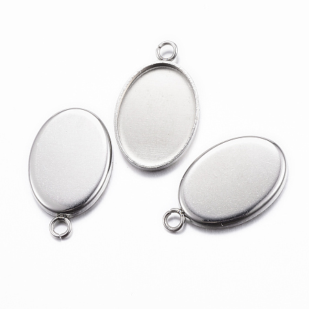 Honeyhandy 304 Stainless Steel Pendant Cabochon Settings, Oval, Stainless Steel Color, Tray: 13x18mm, 22x14x1mm, Hole: 2mm