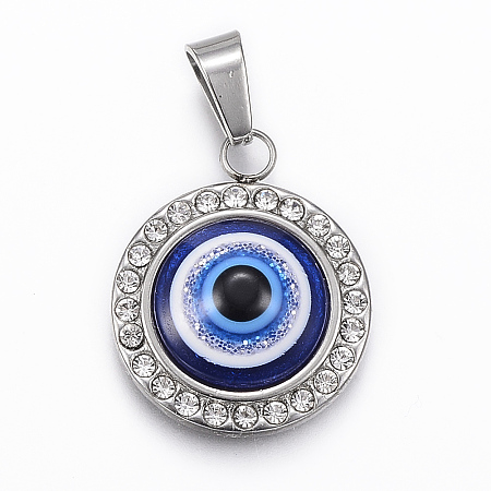 Honeyhandy 304 Stainless Steel Resin Pendants, with Rhinestone, Flat Round with Eye, Stainless Steel Color, 22x18x5.5mm, Hole: 4x7mm