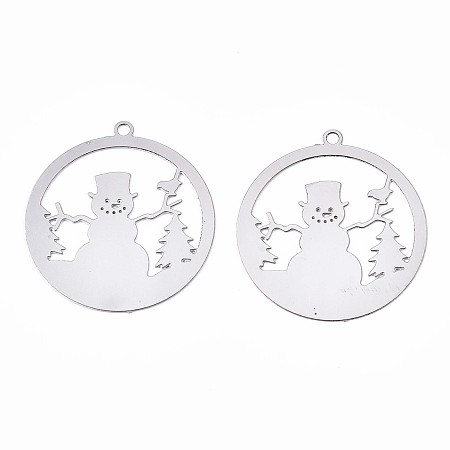 Honeyhandy Christmas 201 Stainless Steel Filigree Pendants, Etched Metal Embellishments, Ring with Snowman, Stainless Steel Color, 22x20x0.3mm, Hole: 1.2mm