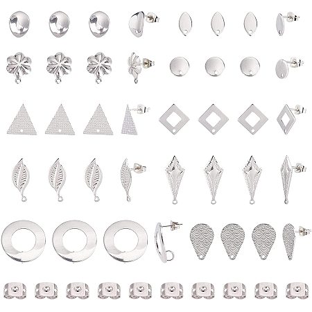 SUNNYCLUE 1 Box 10 Pairs Silver Earring Studs Stainless Steel Ear Studs Flat Round Flower Earring Triangle Oval Teardrop Leaf Shape for Man Women Styling Findings Jewelry Gifts